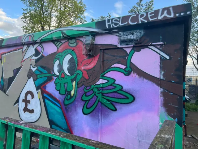 Painted green graffiti character beside silver lettering