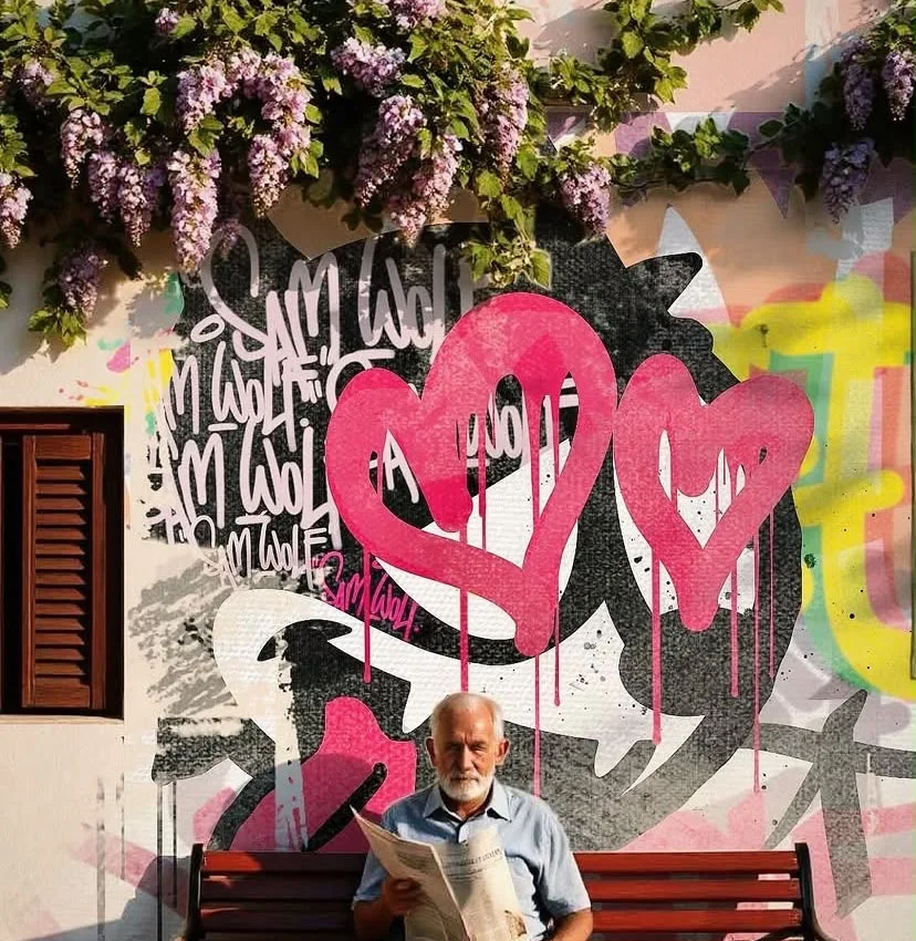 Person seated beneath flowering vines in front of a colourful heart mural