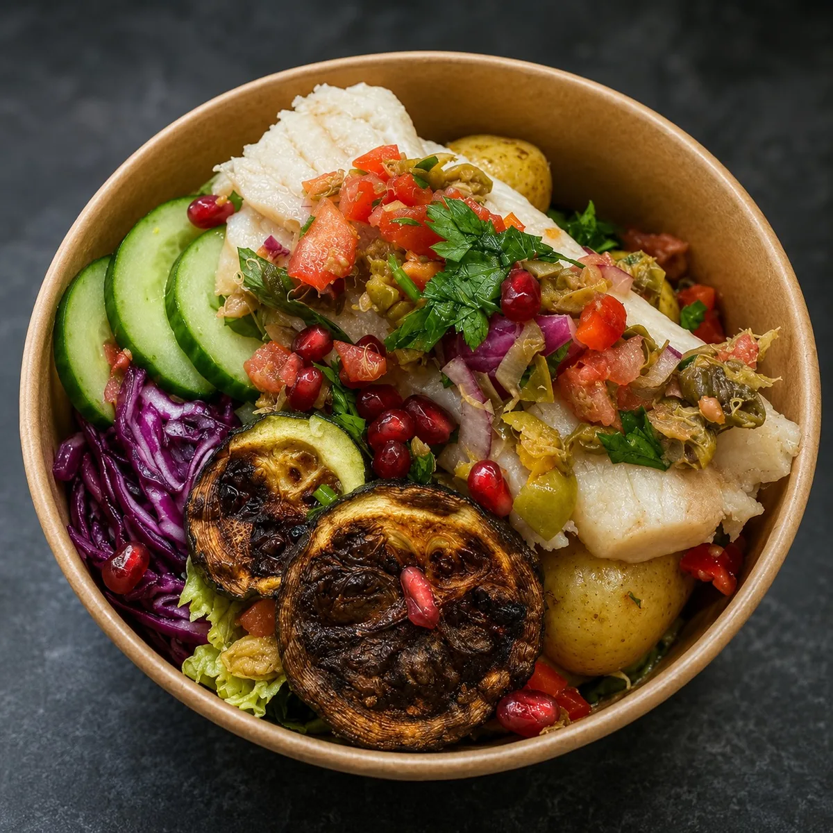 Freshly prepared Manna Made food bowl with fish, vegetables, potatoes and pomegranate